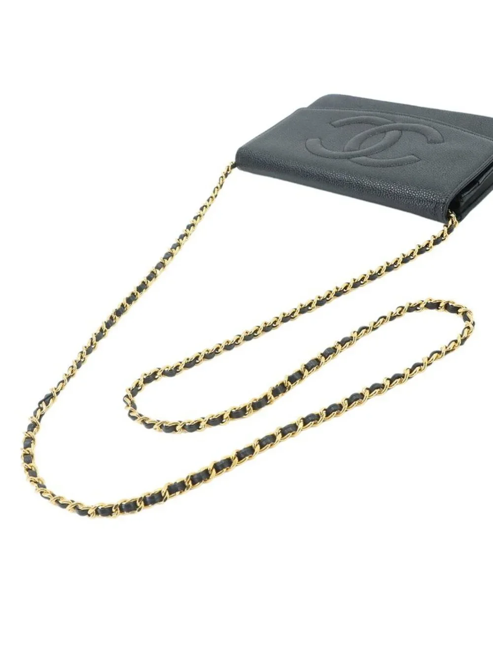 Chanel Caviar Leather Chain Wallet Black CC Logo Gold Shoulder